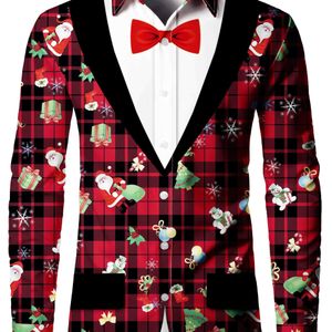 Herren Kerst Rood & Zwart Geruit Overhemd met Santa - Formele Casual Feestjas voor Kerstfeesten, Machine Wasbaar Non-Stretch Stof, Reguliere Pasvorm Kleding