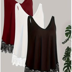 Plus Size - 3- Size Dames Kant Contrast Mouwloze Vests | Casual Ronde Hals, Kleur, Lichte Stretch Stof