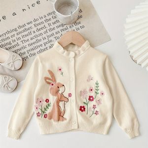 Meisjes' Nieuwe Schattige Cartoon Print Lange Mouwen Vest, Adorabele Konijntjesprint met 3D Borduurwerk en Bloemenstiksel, Warm en Comfortabel voor Herfst/Winter/Lente, Premium Bovenkleding