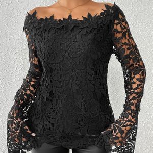 Sexy Off-Shoulder Lace Top voor dames, 95% Polyester 5% Spandex Gebreide Stof, Kleur Lange Mouw Casual Veelzijdige Basis Overhemd, Afslankende Mode Feestkleding voor alle Seizoenen