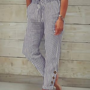 Women's Casual Striped Cropped Pants With Button Bow Detail - Vertical Stripes, Loose Fit, Polyester, Machine Washable, Everyday Or Vacation, Vacation Clothing | Leisure Clothing |