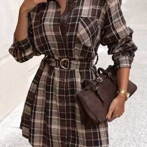Elegante Kraag Lange Mouw A-Lijn Jurk met Gordel in de Taille - /Beige/Wit/Zwart Tartan , Gestructureerde Winterjas Jurk voor Kantoor & Semi-Formele Evenementen, Machinewasbaar