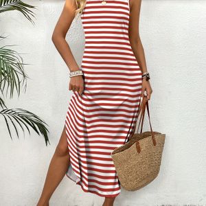 Women's Casual Striped Sleeveless Midi Dress - Crew Neck, A-line Silhouette, Lightweight Polyester, Summer Beachwear With Button Detail, White & Black Stripes, Sleeveless Dres