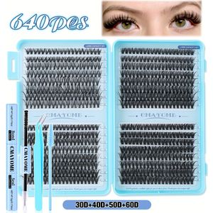 Wimperextensie Kit, 640/240/192 Individuele Wimpers, DIY Cluster Lash Set met Lijm en Sterke Houdkracht Sealant, Borstel Pincet -40-50D, 9-16mm