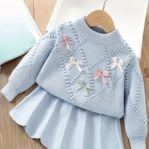 Meisjes Gebreide Trui Set 2025 Herfst Nieuwe Bloemen Lange Mouwen Pullover Jurk Tweedelige Outfit voor Kleine Meisjes