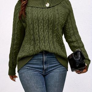 Plus Size Dames Hoge Nek Coltrui - Losse Pasvorm Kabel Trui, Zwart Lange Mouwen Top voor Lente & Herfst, Alledaags Comfortabele Draagcomfort, Duurzame Warme Stof