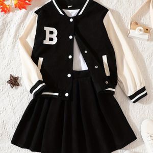 Meisjes 2-delige Lange Mouw Baseball Jack Button Jas & Geplooide Korte Rok Print Corduroy Preppy Casual Kinderen Buitenkleding Voor Lente En Herfst