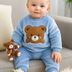 Gebreide Romper Set voor Baby Jongens, Lange Mouwen, Met Capuchon, Met Schattig Berenontwerp, Herfst/Winter Kleding