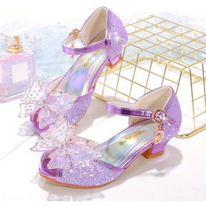 Zomer 2024 Meisjes Schattige Pailletten Vlinder Hoge Hakken, Lage Top Gesp Sluiting Ronde Schoenen met Rubberen voor Dagelijks & Casual , Meisjes Schoenen