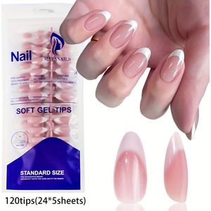 120 stuks Franse stijl amandelvormige nude roze en witte plaknagels, medium lengte nagelart tips