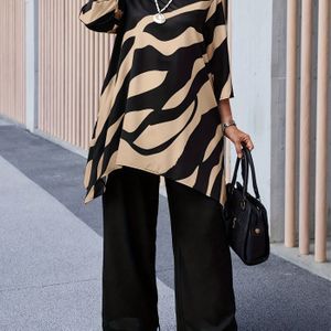 Plus Size, Damesmode 2-delige Set - Comfortabele Casual Color-Block Top met Asymmetrische Zoom en Broek voor Lente/Herfst