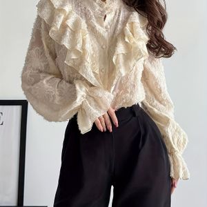 Vrouwen's Elegante en Romantische Retro Hofstijl Staande Kraag Geplooide Textuur Uitlopende Mouw Abrikoos Overhemd, Herfst Collectie