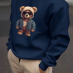 Heren Casual Polyester Sweatshirt met Creatieve Teddybeer Print - Ronde Hals, Losse Pasvorm, Lichte Stretch, Gebreide Stof, Lange Mouwen Pullover