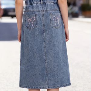 Meisjes Denim H-Line Rok met Strikversiering op Achterzak - & Ritssluiting, Machinewasbare Casual Jurk voor Lente Zomer Herfst, Western Stijl Outfit (Regular Fit)