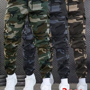 3 paar heren camouflage cargo broeken met trekkoord taille en meerdere zakken, geschikt voor buiten en straatstijl