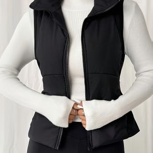Vrouwen Elegante Kleur Zwarte Zip-Up Puffer Vest - Mouwloos, Opstaande Kraag, 100% Polyester, Machinewasbaar voor Herfst/Winter, Casual