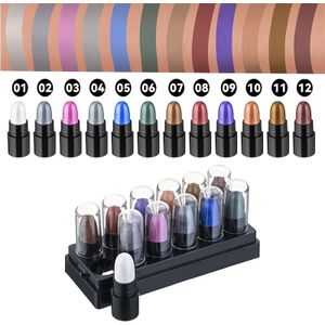 12-Kleuren Oogschaduwstick Set - Langhoudend, Hoogglans Glitter & Matte Afwerkingen in Zwart, Grijs en Gemengde Tinten