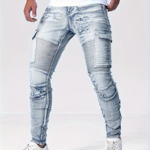 Herenslim-fit gewassen distressed jeans met patchwork zakken - streetwear stijl, lichtblauwe denim, mid-rise, casual streetwear, jeans | Trendy distressed jeans | Medium stretch stof