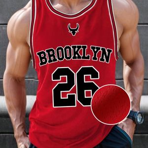 Herren Brooklyn 26 Basketbal Jersey - Wit & Rood Gestreepte Mouwloze Tanktop met Logo, Ademend Losse Pasvorm voor Lente/Zomer Casual Sport & Vrijetijdskleding, Comfortabele Sportieve Top