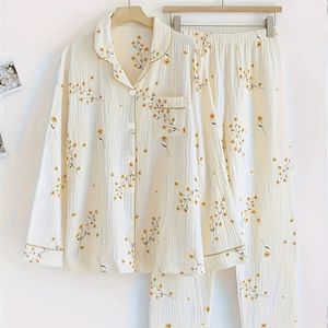 Sweet Floral Print Textured Pajama Set For Fall & Winter, Long Sleeve Button Up Lapel Collar Top & Elastic Pants, Women's Sleepwear & Loungewear