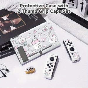 Happy Kitty Pattern Protective Case For Switch Ns/oled With 2 Pcs Thumb Grip Caps - Perfect Gift For Switch Gamers