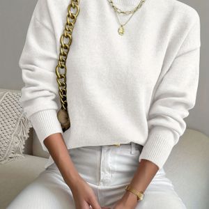 Witte Hoge Nek Drop Schouder Lange Mouw Trui voor Vrouwen - Zachte Medium Stretch Losse Pasvorm Korte Pullover, Elegante Casual te Layeren, Schattige Truie