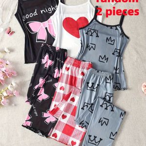 Willekeurig Geselecteerde 2- Set van Trendy Camisole met Hart, Strik en Kroonprint en Lange Broek, Casual Thuispyjama., voor Tieners