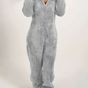 Stevige Pluizige Rits Jumpsuit met Capuchon, Casual Lange Mouwen Warme Jumpsuit voor Herfst & Winter, Dameskleding