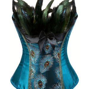 Stijlvolle Pauw Overbust Korsettop voor Vrouwen - Vintage Stijl Veter Bustier met Detail, Diepblauw Satijn & Polyester, Halloween Kostuum, Niet-Rekbare Stof