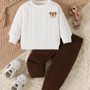 2-Pack Herfst en Winter Baby Jongen Beer Geborduurde Casual Sweatshirt + Corduroy Broek Set Geschikt voor 6 Maanden tot 3 Jaar Oudelingen en Kleine Kinderen Buiten, voor Buiten