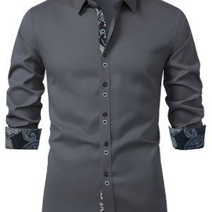 Heren Slim-Fit Paisley Overhemd met Kraag - Klassiek Grijs voor Business Casual & Formele Kleding, Machinewasbaar, Bruiloft & Kantooroverhemd