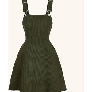 Elegante groene corduroy pinafore jurk met nepbanden en verstelbare banden, geribde textuur, ritsdetail voor dames - Perfect voor lente/zomer/herfst