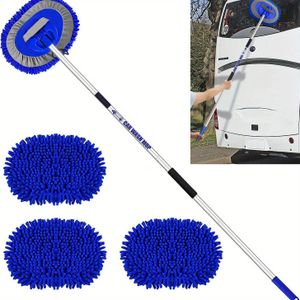 Autowasborstel Mop 63" Lange Steel Uitschuifbare Reinigingshandschoen Voor Caravan SUV RV Truck Van Band Venster Wiel Dak Detail Interieur Stofdoek (3 Head)