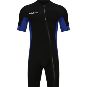 BUIOBUM Heren 3mm Neopreen Korte Mouw Badpak, Zwart en Blauw Tweekleurig Ontwerp met Lange Split aan de Voorkant en Schuine Rits, Geschikt voor Watersporten Surfen Zwemkleding