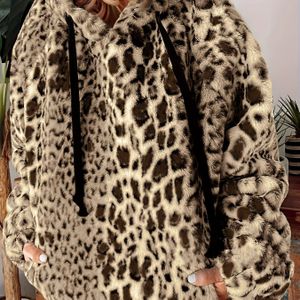 Plus Size Luipaard Print Hoodie met Trekkoord, Casual Lange Mouw Fuzzy Sweatshirt Voor Herfst & Winter, Plus Size Kleding Voor Vrouwen