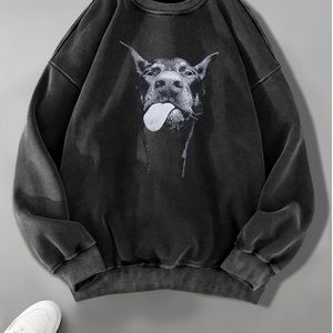 Vrouwen Retro Grafische Print Hoodie - Zwart-Wit Hondengezicht Design, Zachte Gewassen Vintage Pullover, Comfortabele Ronde Hals Casual Trui voor Herfst Winter, Wasmachinebestendig