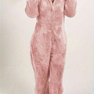 Teddy Jumpsuit Met Ritssluiting, Casual Jumpsuit Met Lange Mouwen En Capuchon, Dameskleding