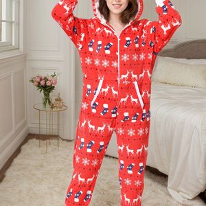 25AW Dames Pluche Warme Capuchon Kerst Rendier Sneeuwvlok Print Bodysuit Pyjama Loungewear, Winter Pyjama voor Vrouwen