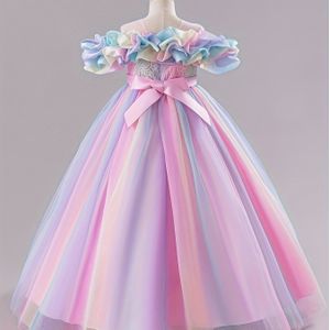 Meisjes Regenboog Pastel Roze Blauw Lavendel Lila Gerimpelde Prinsessen Trouwjurk - Schouderloze A-lijn Feestjurk met Lagen voor Bruiloften, Optredens, & Feesten (Handwasbaar, Niet-Rekbaar)