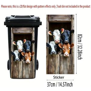 1st Speelse Koe-Thema Prullenbak Sticker, 37x82cm - Zelfklevend, Glanzende Afwerking, Cartoon Ontwerp met Koeien die Uitkijken, Ideaal voor Keuken & Huisdecoratie, Muurdecoratie, Prullenbak Decor