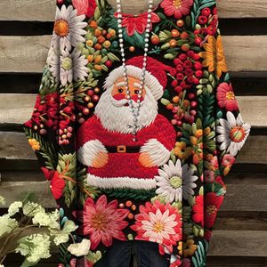 Plus Size, Kerstkostuum, Plus Size Kerstman Bloemenprint Dames Korte Mouw Gepaste T-Shirt, Losse Ronde Hals, Oversized Top, Zonder Accessoires
