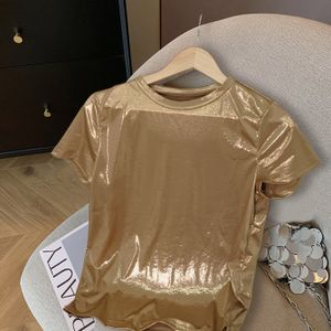 Elegante T-shirt voor dames, Franse stijl met ronde hals, glinsterende korte mouw, casual kleur, polyester 95% elastane 5%, lente/zomer gebreid materiaal, 150g/m² - Goudkleur