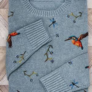 Casual losvallende lange mouw top met ronde hals en levendige vogel- en bloemenprint - Lichtgrijs, Essentieel voor lente/herfst, Modieuze lente-top | Casual stijl | Constructie, Dames tops