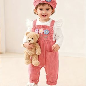 Pasgeboren Meisje Lente en Herfst Stijl Driedimensionaal Bloemen Geborduurde Corduroy Mouwen Jumpsuit + Hoed Tweedelige Set, voor Buiten