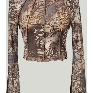 Elegante lange mouw T-shirt voor dames met uitlopende mouwen, zacht en comfortabel zomer mesh top met een gedrukte doorzichtige ronde hals.