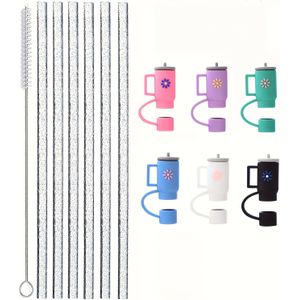 12-pack herbruikbare plastic glitter-stroken met deksels en reinigingsborstel voor Stanley-tumblers - Compatibel met 40Oz, 30Oz, 20Oz, 14Oz reiswaterkruiken van 12 inch