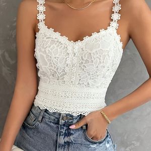 Dames zwart kant V-hals crop top met bloemenpatroon - mouwloos, geribbeld detail, casual stijl, perfect voor zomer, casual zomerse kleding|V-hals top|Geribbeld detail top