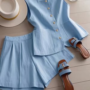 2pcs Women's Casual Solid Color Slim Fit Vest And Flare Shorts Set, Spring/summer