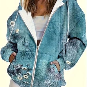 Plus Size Bloemenprint Capuchon Zak Zipper Sweatshirt Jas