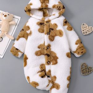 Herfst- en Winterjongens Beerpatroon Pluche Hooded Lange Mouw Knoopsluiting Cardigan Jumpsuit - Geschikt voor Buiten Klimmen, Perfect voor Buiten